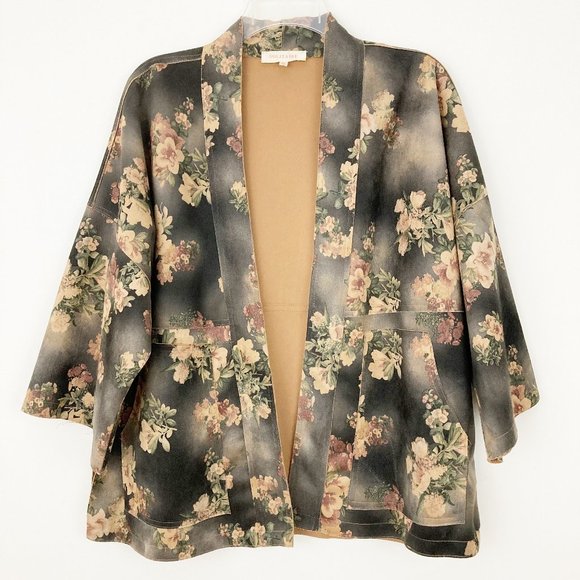 Solitaire Brown Faux Suede Floral Open Front Jacket Size M Duster Kimono - Picture 1 of 9